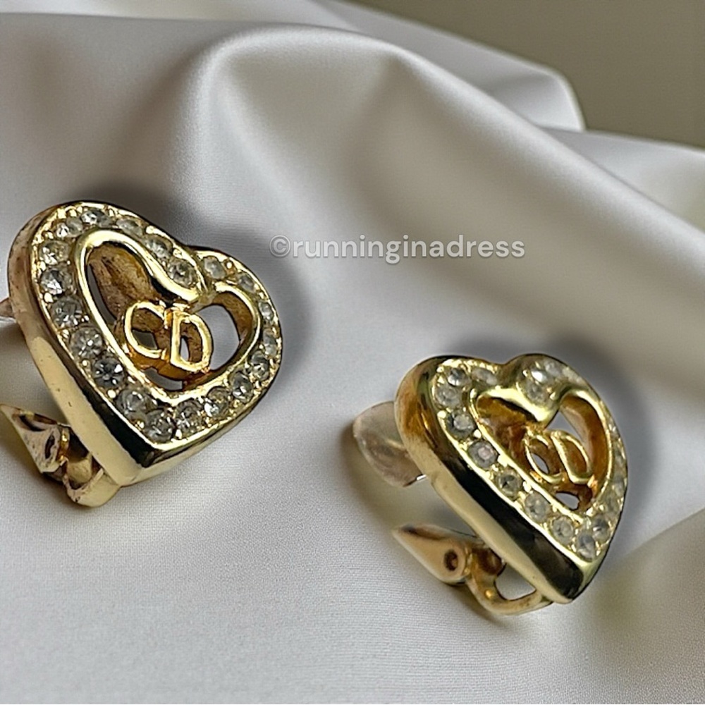 Vintage Christian Dior Gold CD Heart Crystal Earrings With Original Packaging - Picture 5 of 13